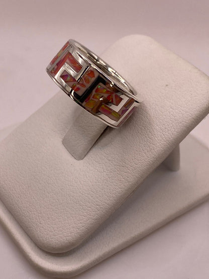 Anillo Plata Ley 950 con Ópalo de Fuego Rosado Diseño Geométrico Tipo Greca, vista frontal