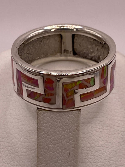 Anillo Plata Ley 950 con Ópalo de Fuego Rosado Diseño Geométrico Tipo Greca, vista superior