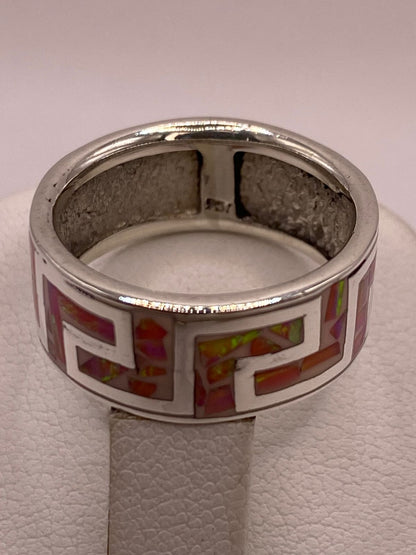 Anillo Plata Ley 950 con Ópalo de Fuego Rosado Diseño Geométrico Tipo Greca, sello de autenticidad Plata Ley .925