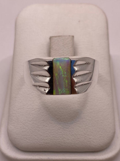 Anillo Plata Ley 950 con Ópalo de Fuego Verde Diseño Moderno con Incrustación, vista frontal
