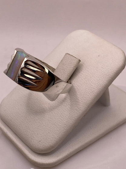 Anillo Plata Ley 950 con Ópalo de Fuego Verde Diseño Moderno con Incrustación, vista lateral