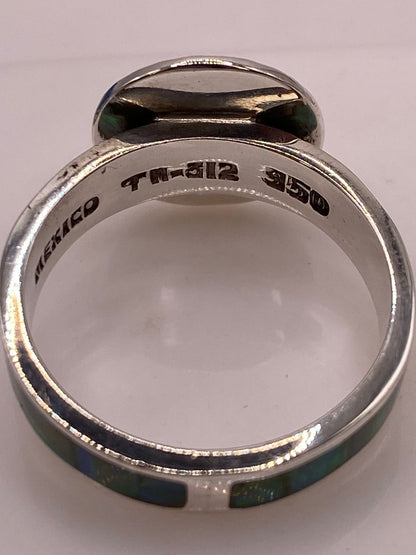 Anillo Plata Ley 950 con Piedra Ópalo de Fuego y Diseño de Calendario Azteca, sello de autenticidad Plata Ley .925
