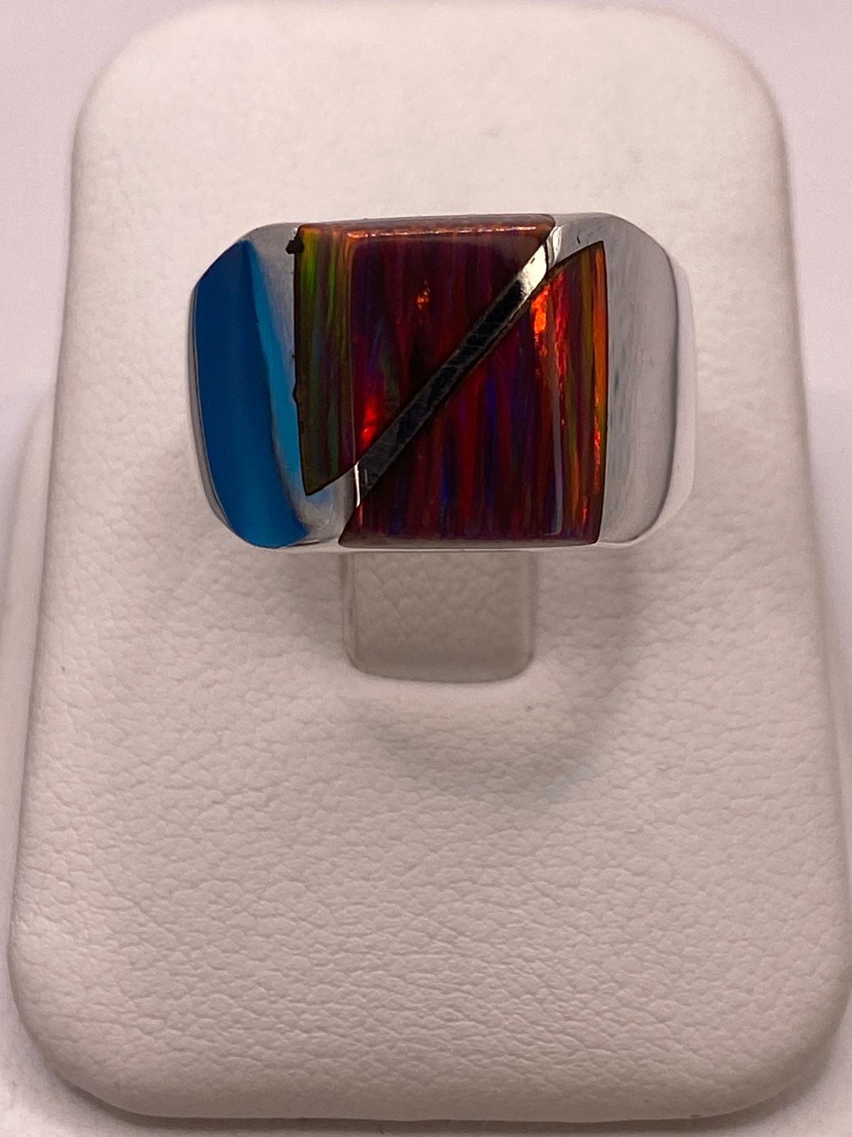Anillo Plata Ley 925 Ópalo de Fueg Diseño Moderno con Incrustación Diagonal — imagen 9