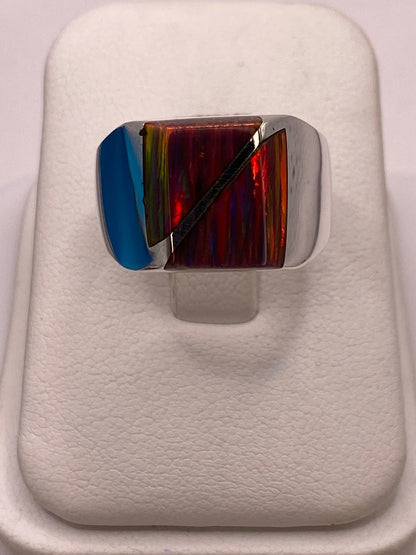 Anillo Plata Ley 925 Ópalo de Fueg Diseño Moderno con Incrustación Diagonal, vista frontal