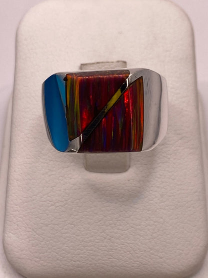 Anillo Plata Ley 925 Ópalo de Fueg Diseño Moderno con Incrustación Diagonal, vista de detalle