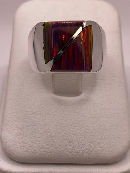 Anillo Plata Ley 925 Ópalo de Fueg Diseño Moderno con Incrustación Diagonal, vista posterior