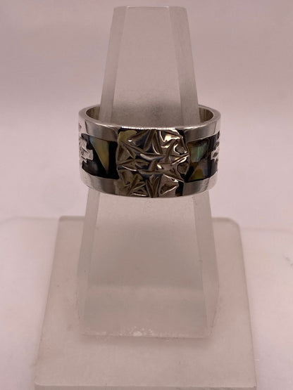 Anillo de Plata .925 con Obsidiana y Concha Abulón, vista frontal