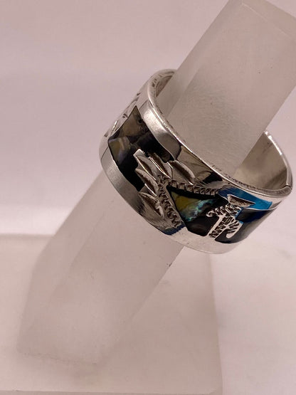 Anillo de Plata .925 con Obsidiana y Concha Abulón, vista lateral