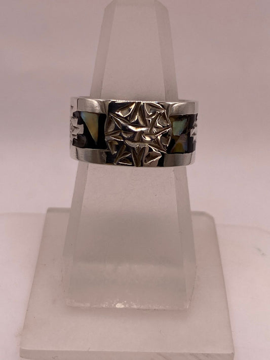 Anillo de Plata .925 con Obsidiana y Concha Abulón — ángulo diagonal