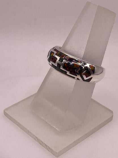 Anillo de Plata 950 con Ópalo de Fuego y Diseño Greca, vista frontal
