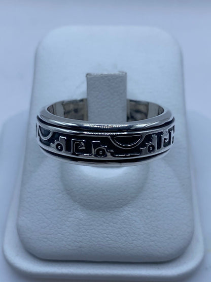 Anillo giratorio plata 925 glifos prehispánicos oxidados para hombre, talla 12, artesanal Taxco México 