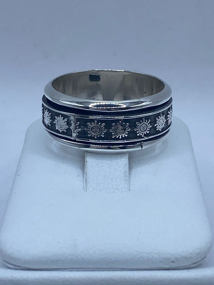 Anillo Giratorio de Plata 925 con Soles Grabados — Antiestrés Artesanal Taxco, sello de autenticidad Plata Ley .925