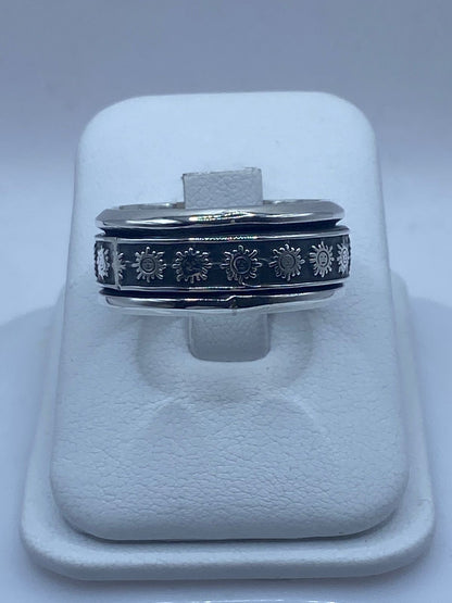 Anillo Giratorio de Plata 925 con Soles Grabados — Antiestrés Artesanal Taxco, vista frontal
