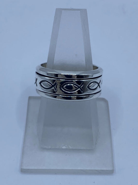 Anillo Giratorio de Plata 925 con Símbolo Ichthys (pez Cristiano) — vista lateral