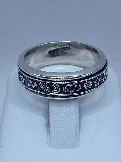 Anillo Giratorio de Plata 925 con Símbolos Celestiales Luna y Sol — Antiestrés Artesanal Taxco, sello de autenticidad Plata Ley .925