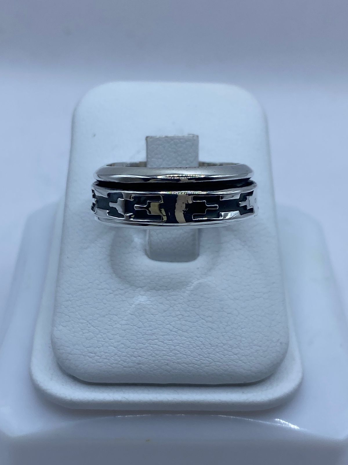 Anillo giratorio plata 925 diseño geométrico en relieve oxidado para hombre, talla 10, artesanal Taxco