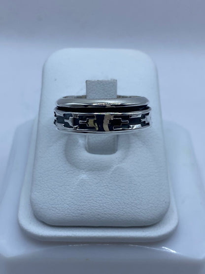Anillo giratorio plata 925 diseño geométrico en relieve oxidado para hombre, talla 10, artesanal Taxco