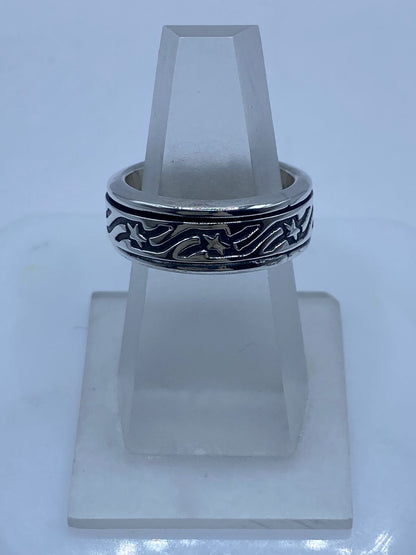 Anillo Giratorio de Plata 925 con Estrellas y Líneas Entrelazadas — Antiestrés Artesanal Taxco, vista frontal