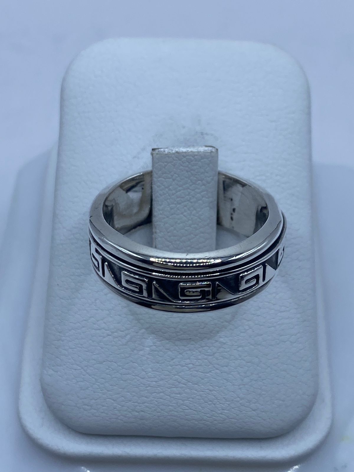 Banda spinner plata 925 con greca angular continua oxidada y rieles pulidos, hecho a mano Arte Taxco (