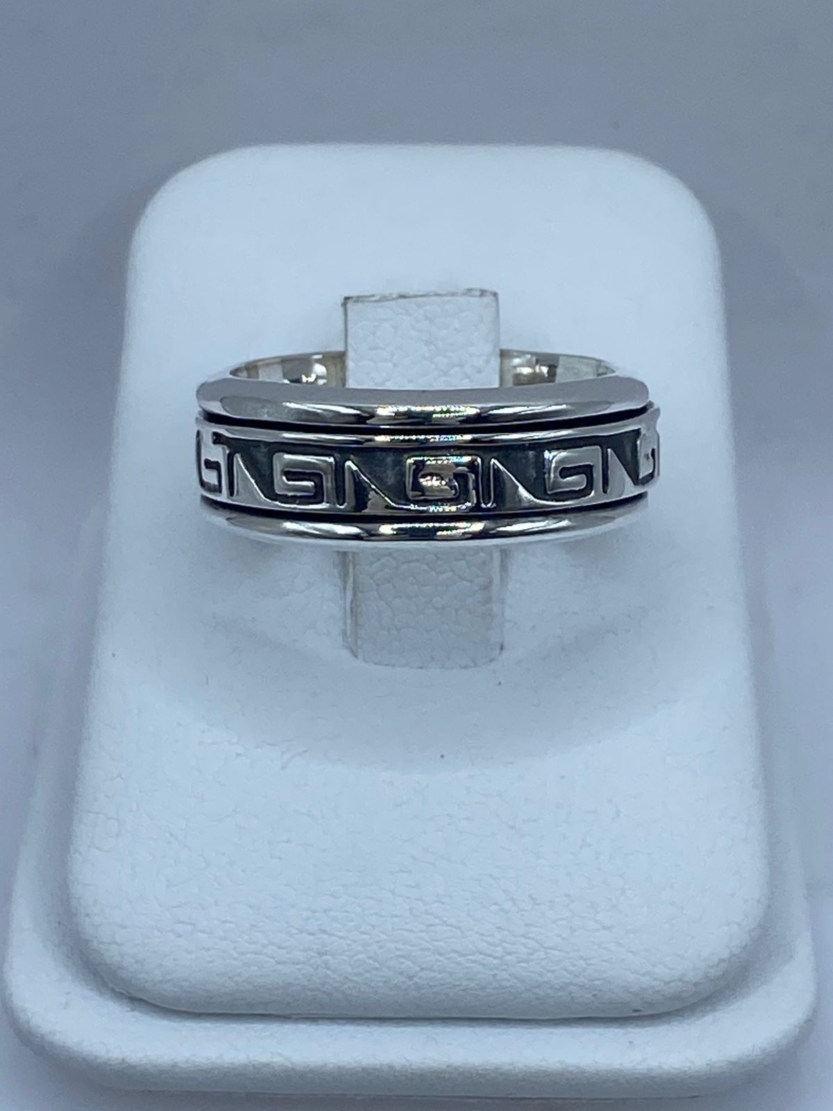 Anillo giratorio plata 925 greca geométrica oxidada para hombre, talla 8, artesanal Taxco México 