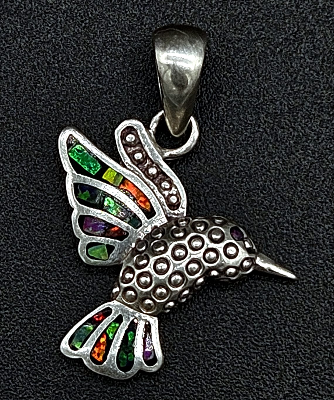 Dije Plata Ley 950 Colibri Opalo, sello de autenticidad Plata Ley .925