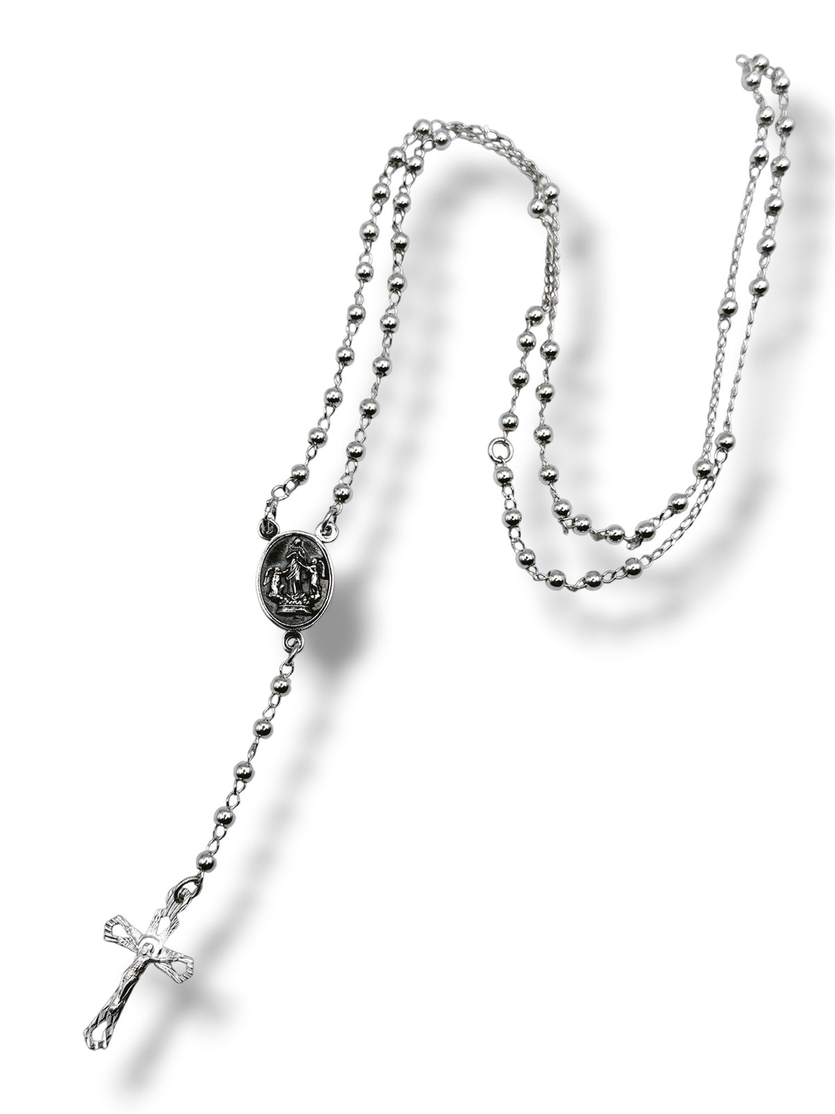 Rosario de plata .925 Virgen Desatanudos, 50cm de largo, cadena con bolas lisas de 2.5mm