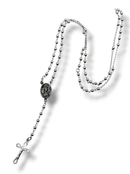 Rosario de plata .925 Virgen Desatanudos, 60 cm, con bolas plateadas y medalla de la Virgen