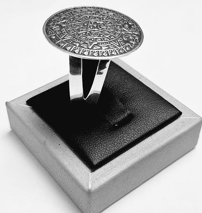 Anillo Calendario Azteca en Plata Ley 925, vista frontal
