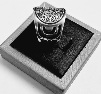 Anillo Calendario Azteca en Plata Ley 925, sello de autenticidad Plata Ley .925