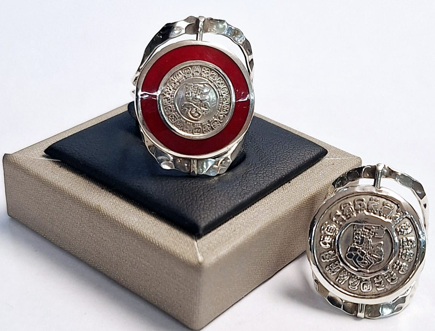Anillo Doble Vista Calendario Maya en Plata Ley 925, vista frontal