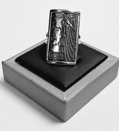 Anillo Cabeza Azteca en Plata 925, vista frontal